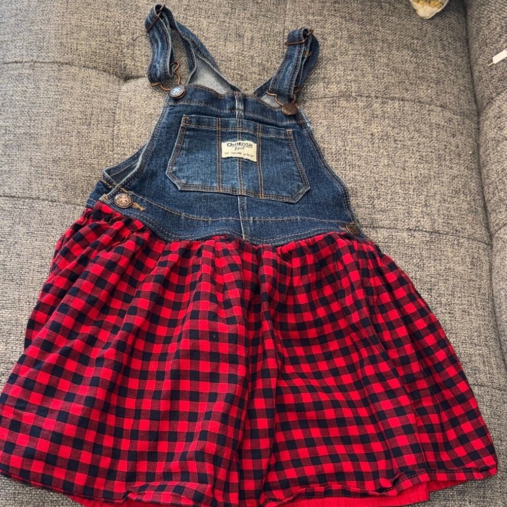 Oshkosh buffalo check denim overalls dress size 5T